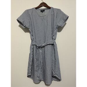 Duffield Lane | Callahan Navy Quad Stripe Dress Large Women’s Stretch Belted Bow